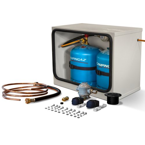 DOUBLE 904/907 CAMPING GAZ STEEL GAS LOCKER KIT WITH BULKHEAD REGULATOR (GREY)