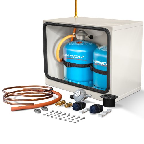 DOUBLE 904/907 CAMPING GAZ STEEL GAS LOCKER KIT WITH CAMPING GAS REGULATOR (GREY)